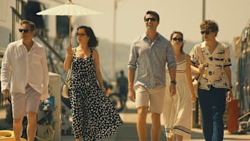 Jason Isaacs, Parker Posey, Patrick Schwarzenegger, Sarah Catherine Hook, and Sam Nivola in The White Lotus season 3 on HBO