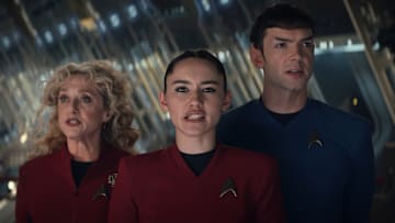L-R Carol Kane as Pelia, Christina Chong as La’an, Ethan Peck as Spock in Star Trek: Strange New Worlds streaming on Paramount+, 2023. Photo Credit: Best Possible Screengrab/Paramount+