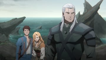 Geralt of Rivia, Essi Daven, and Jaskier in The Witcher: Sirens of the Deep. Image: Netflix.