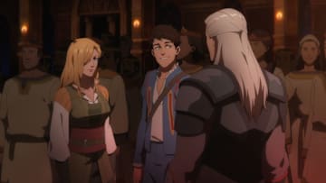 Geralt of Rivia, Essi Daven, and Jaskier in The Witcher: Sirens of the Deep.