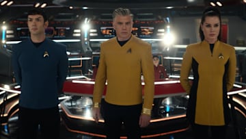 L-R Ethan Peck as Spock, Anson Mount as Pike and Rebecca Romijn as Una in Star Trek: Strange New Worlds streaming on Paramount+, 2023. Photo Credit: Best Possible Screengrab/Paramount+