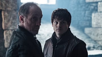 Michael McElhatton as Roose Bolton, Iwan Rheon as Ramsay Bolton in Game of Thrones. Photograph by Helen Sloan/courtesy of HBO.
