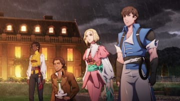 Castlevania: Nocturne S1 (L to R) Thuso Mbedu as Annette, Sydney James Harcourt as Edouard, Pixie Davies as Maria Renard, Edward Bluemel as Richter Belmont in Castlevania: Nocturne S1. Cr. Courtesy of Netflix © 2023