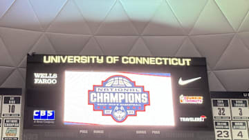 A message on the video board at Gampel Pavilion acknowledging the UConn men's basketball team's national championship win.
