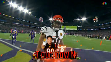 Andrei Iosivas celebrates a touchdown against the Ravens.