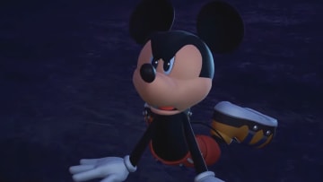 Mickey Mouse loses his shirt at the end of Kingdom Hearts 0.2 Birth by Sleep -A Fragmentary Passage-