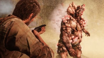 Joel aims at a Bloater in The Last of Us.