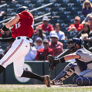 Nebraska shortstop Dylan Carey swings at a pitch against Kansas State in the Frisco College Baseball Classic on March 2, 2025.