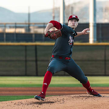 Nebraska pitcher Will Walsh delivers against USC at Great Park in Irvine, California, on March 21, 2025.