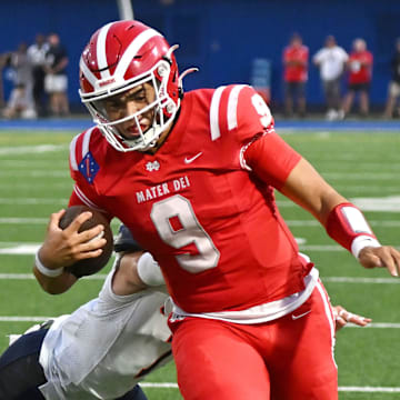 Mater Dei quarterback Ashton Beierly carries during Friday night's win over Bishop Gorman at the Santa Ana Bowl.