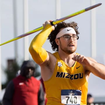 Missouri javelin thrower Callan Saldutto throws the javelin.