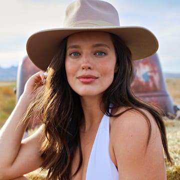 Emily DiDonato was photographed by Anne Menke in Sacramento, Calif. Swimsuit by Bain de Minuit. Hat by Lack of Color.