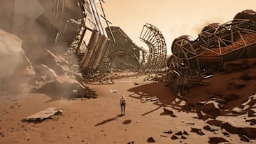 Deliver Us Mars screenshot showing a lone astronaut in a debris field on Mars.