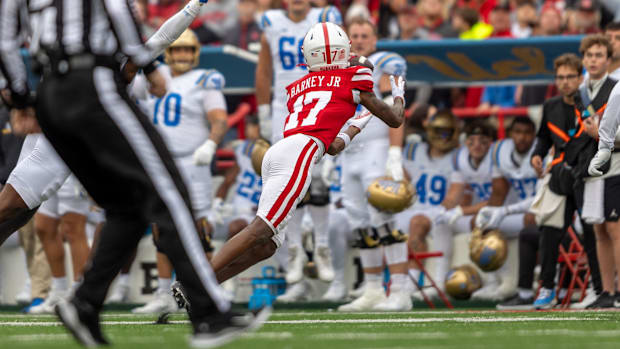Nebraska wide receiver Jacory Barney Jr. hauls in a 40-yard pass from quarterback Dylan Raiola against UCLA.