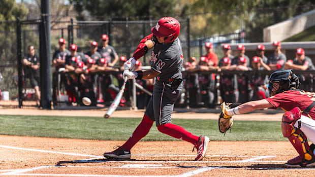 Nebraska outfielder Devin Nunez swings at a pitch against USC at Great Park in Irvine, California, on March 22, 2025.