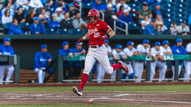 Nebraska shortstop Dylan Carey cross home plate at Creighton on April 15, 2025.