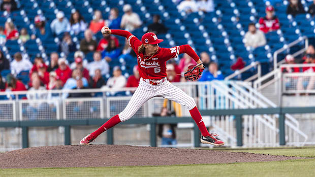Nebraska pitcher Pryce Bender delivers at Creighton on April 15, 2025.
