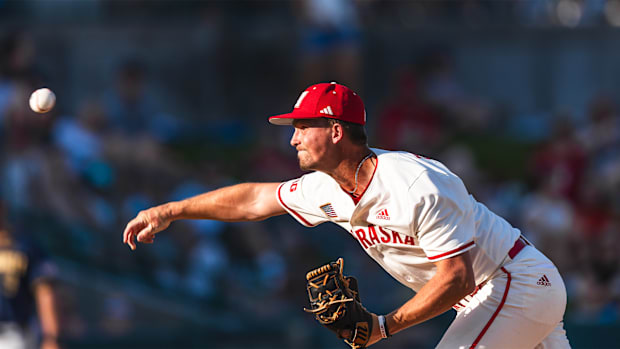 Nebraska pitcher Tucker Timmerman delivers against Michigan at Haymarket Park on May 10, 2025.