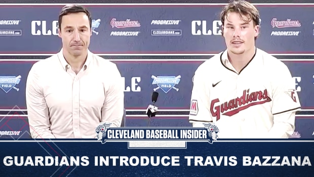 Chris Antonetti introduces Travis Bazzana to the Cleveland Guardians organization. 