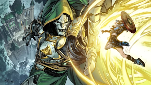 Fortnite Art showing a character charging at a giant version of Doctor Doom 
