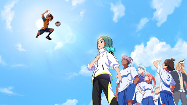 Character up in the sky kicking a football in INAZUMA ELEVEN: Victory Road.