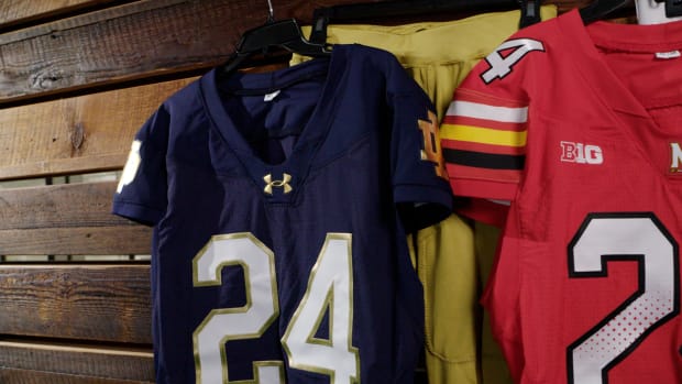 Notre Dame and Maryland's football uniforms in an Under Armour photo shoot.