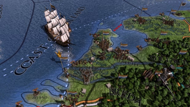 Europa Universalis 4 screenshot showing a fleet anchoring off Holland.