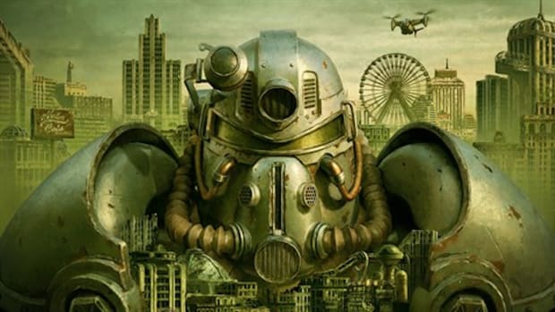 A Fallout armor set against the backdrop of a decaying Atlantic City