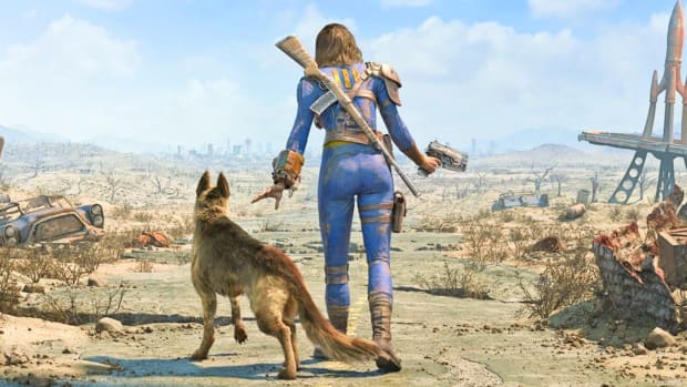 A Fallout survivor and a German Shepherd walking along a dusty road in the middle of a wasteland
