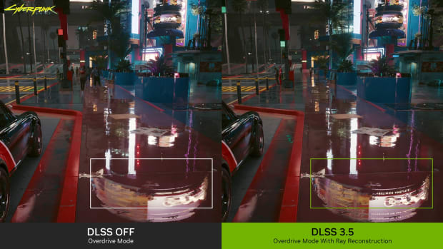 Screenshot of Cyberpunk 2077 with and without DLSS 3.5 enabled.