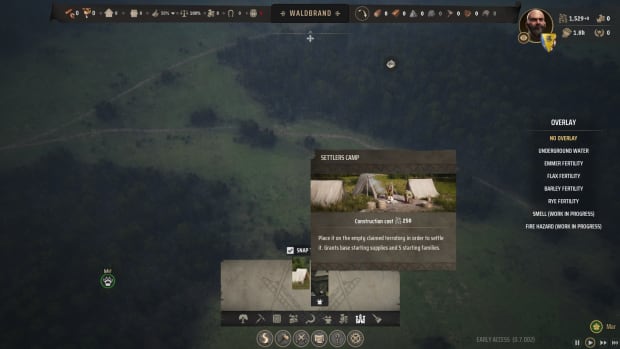 Manor Lords screenshot showing the Settlers Camp in the building menu.