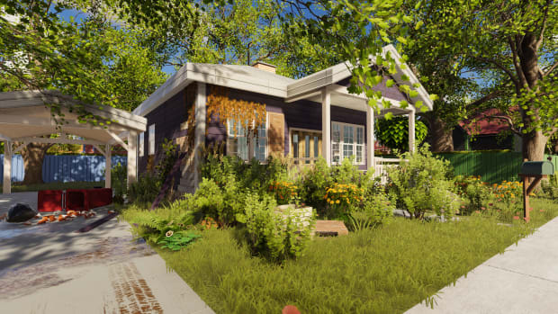 A small brick home with an overgrown garden out front in House Flipper 2