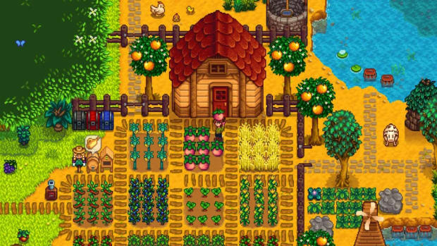 A Stardew Valley character harvesting crops