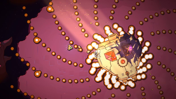 A player fighting a boss in a bullet hell segment in Minishoot Adventures