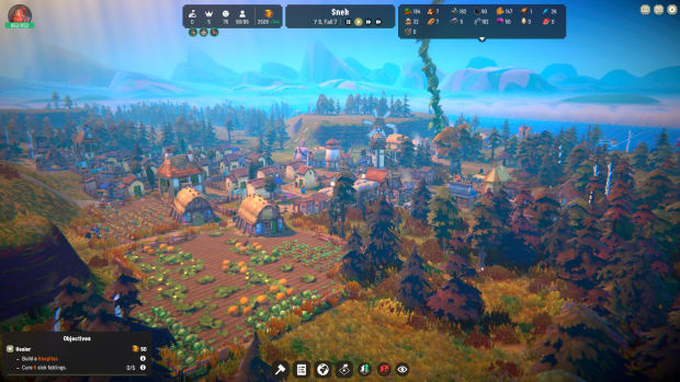 Fabledom screenshot showing a sprawling rural town.