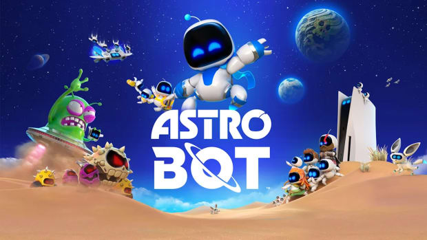 Astro Bot standing above an Astro Bot logo and waving their hand