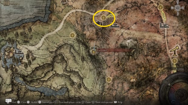 An Elden Ring map image showing how to get the Moonveil Katana