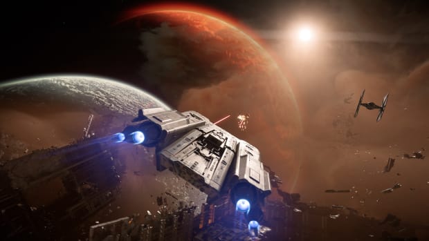 Star Wars Outlaws screenshot of a space battle.