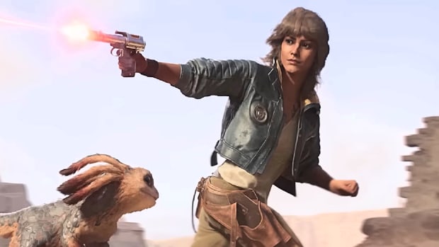 Star Wars Outlaws' Kay Vess firing a blaster as she runs