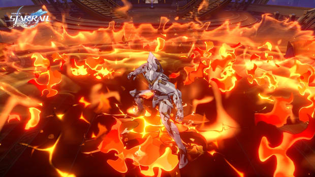 Honkai: Star Rail screenshot showing mecha-suited Sam in a sea of fire.