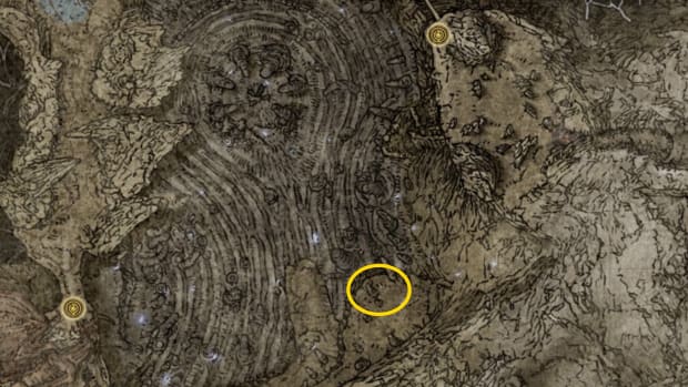 A map image showing where to find a Remembrance duplicator near Finger Ruins of Rhia