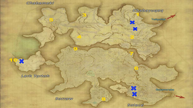 A map image showing Urqopacha aether current locations in Dawntrail