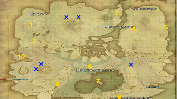 A map image showing aether current locations in Kozama'uka
