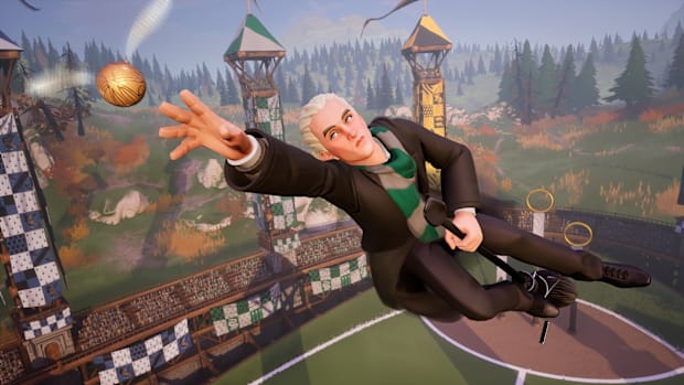 Harry Potter: Quidditch Champions screenshot. Draco Malfoy high in the air on a broom reaching for the Golden Snitch