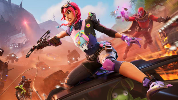 A Fortnite player character with long pink hair, sitting on a car roof and firing a laser behind her