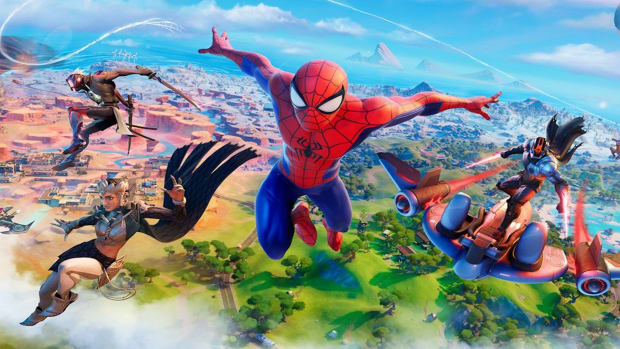 Spider-Man swinging over the Fortnite island