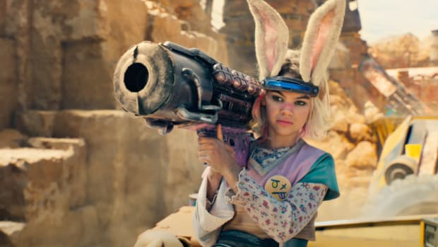 Tiny Tina from the Borderlands movie, aiming a large gun at the camera