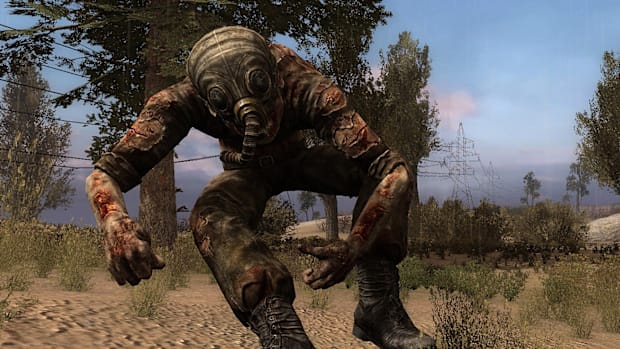 A mutant in a gas mask wandering around Stalker 2's world