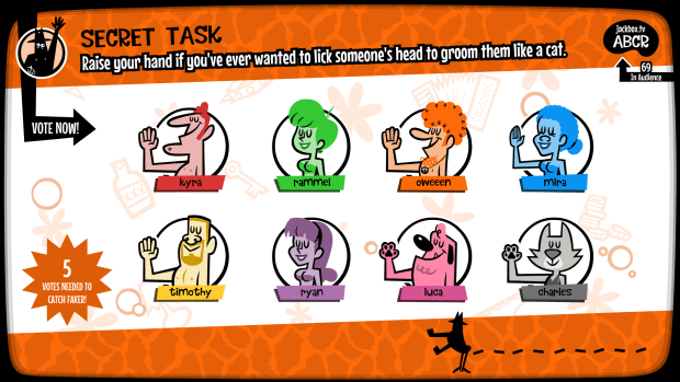 Fakin It in Jackbox Naughty Pack. Players respond to a prompt: Raise your hand if you've ever wanted to lick someone's head.