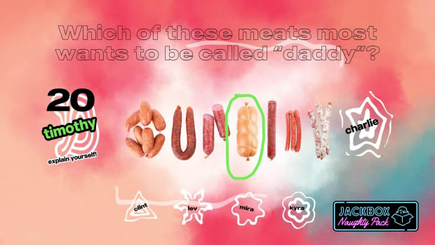 Jackbox Let Me Finish. Players respond to the prompt: Which of these meats (pictured) most wants to be called "Daddy"? 